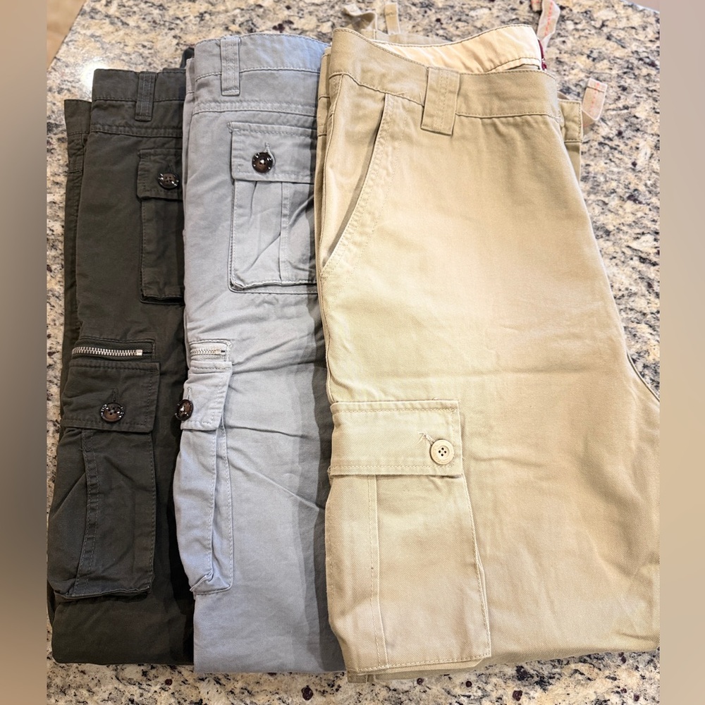 Set of Three Cargo Pants in Brown, Gray, and Tan - Brand New, Never Worn